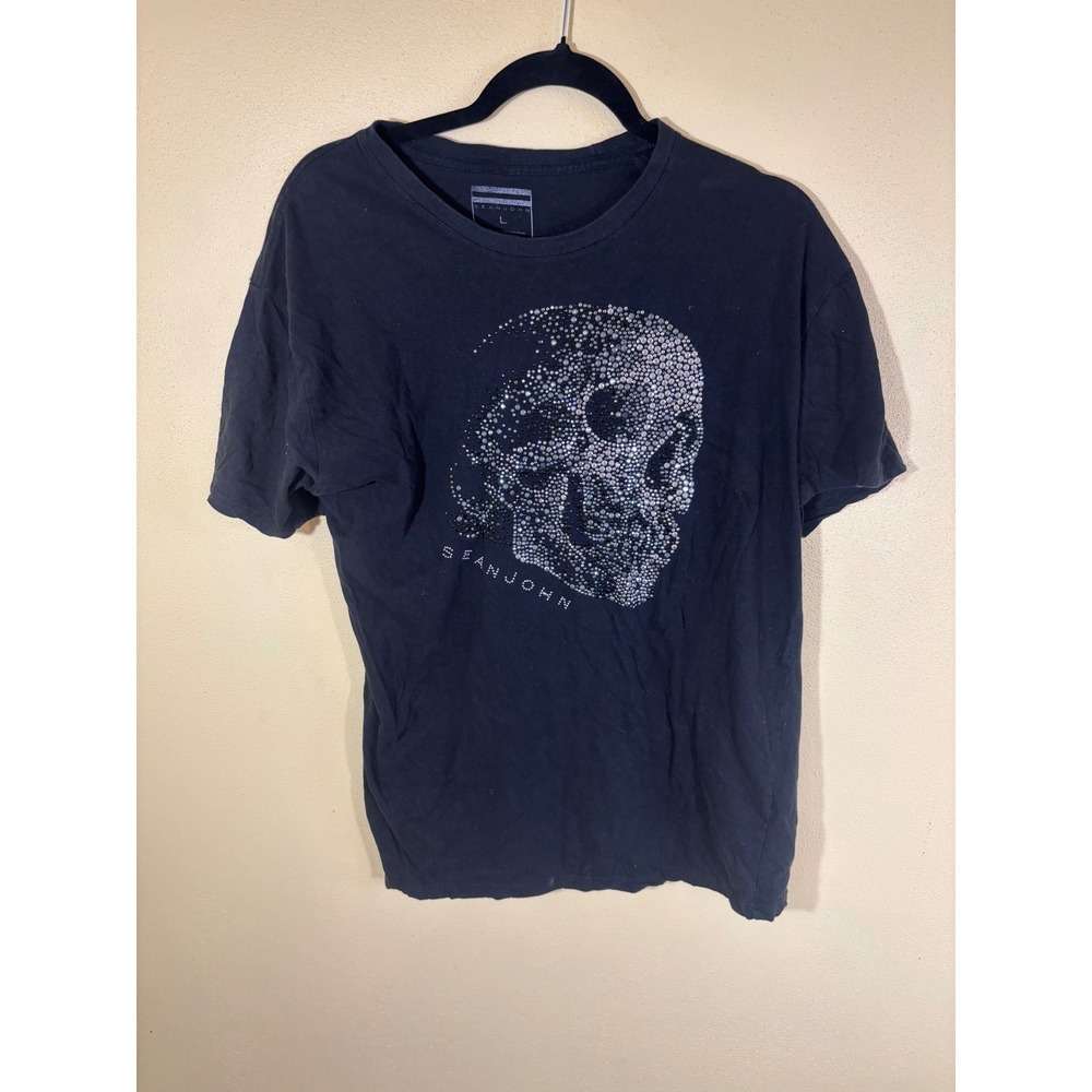 Sean John Mens Black Rhinestone Skull Graphic T-Shirt Large Short Sleeve Cotton